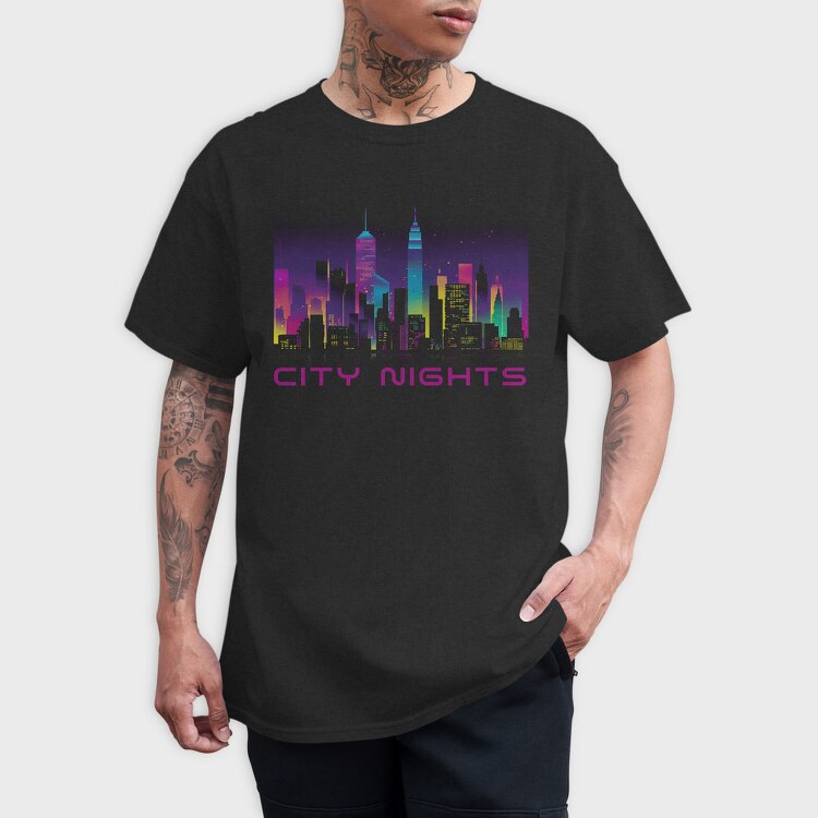 Neon City Skyline City Nights, Tricou Barbati (Unisex)
