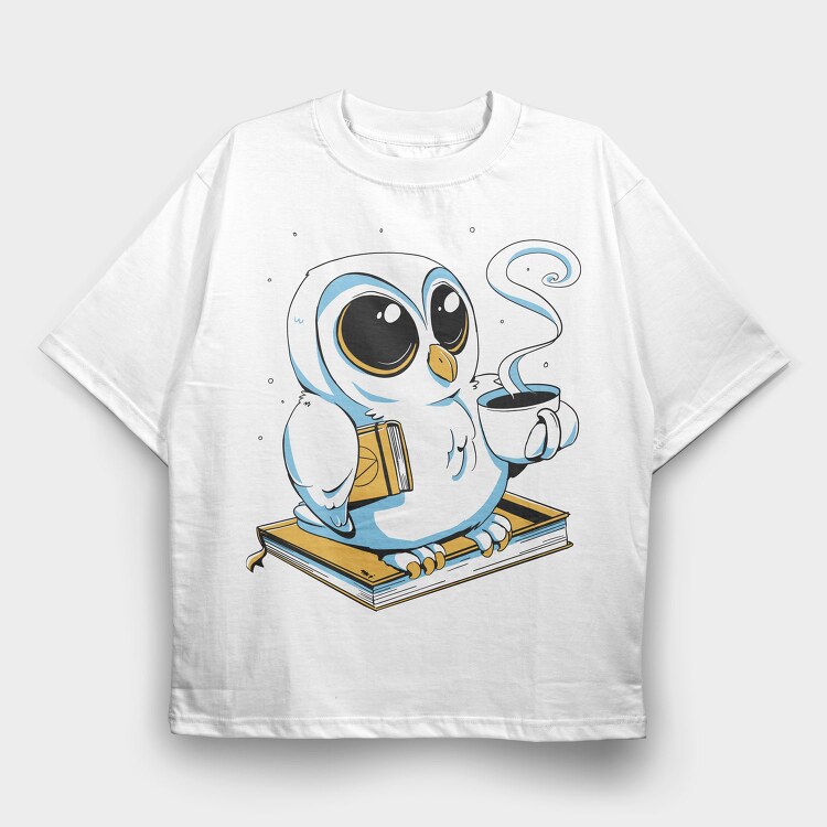 Owl With Books And Coffee Cute, Tricou Oversize Barbati (Unisex)