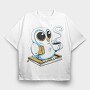 Owl With Books And Coffee Cute, Tricou Oversize Barbati (Unisex)