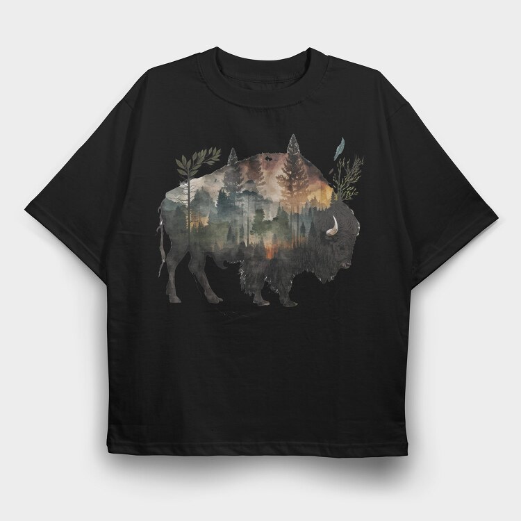 Bison Forest Silhouette, Tricou Oversize Barbati (Unisex)