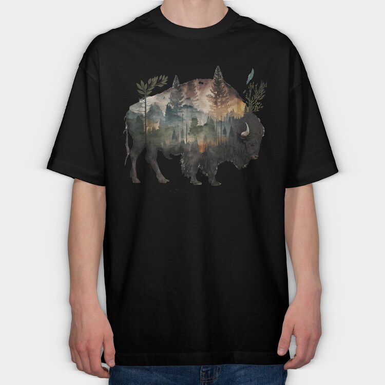 Bison Forest Silhouette, Tricou Oversize Barbati (Unisex)