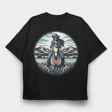 Cowgirl Riding Horse Scenic, Tricou Oversize Barbati (Unisex)