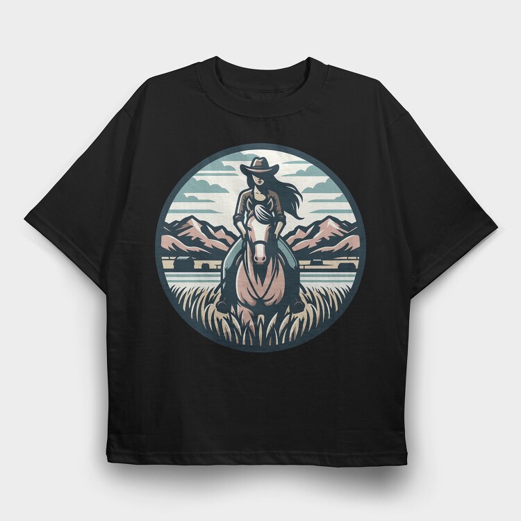 Cowgirl Riding Horse Scenic, Tricou Oversize Barbati (Unisex)
