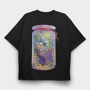 Cozy Skeleton Reading Books Jar Chill, Tricou Oversize Barbati (Unisex)