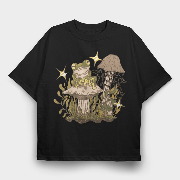 Frog And Mushrooms On, Tricou Oversize Barbati (Unisex)