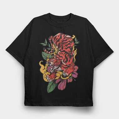 Traditional Japanese Tiger Floral, Tricou Oversize Barbati (Unisex)