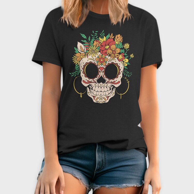 Sugar Skull And Flowers Traditional, Tricou Barbati (Unisex)