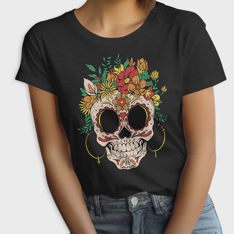 Sugar Skull And Flowers Traditional, Tricou Femei
