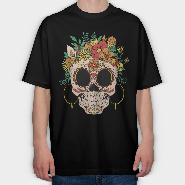 Sugar Skull And Flowers Traditional, Tricou Oversize Barbati (Unisex)