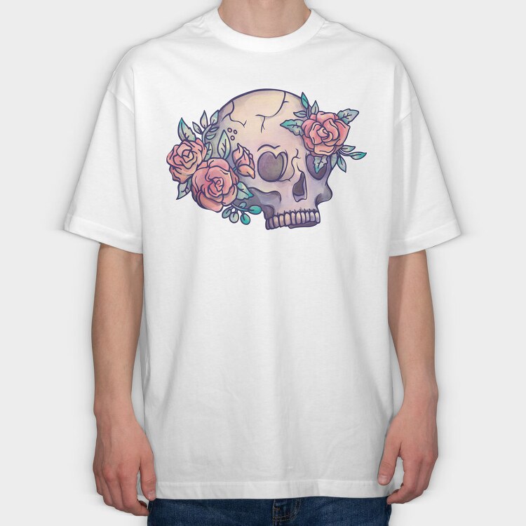 Pastel Floral Colorful Skull Flowers, Tricou Oversize Barbati (Unisex)