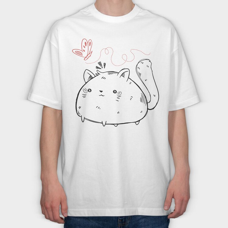 Chubby Cat And Butterfly Sketch, Tricou Oversize Barbati (Unisex)