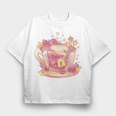 Floral Cup Of Tea Pink Kawaii, Tricou Oversize Barbati (Unisex)