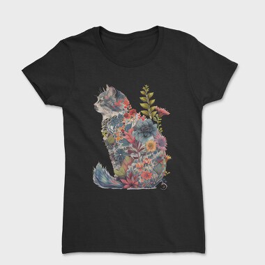 Floral Cat Silhouette Flower, Tricou Femei