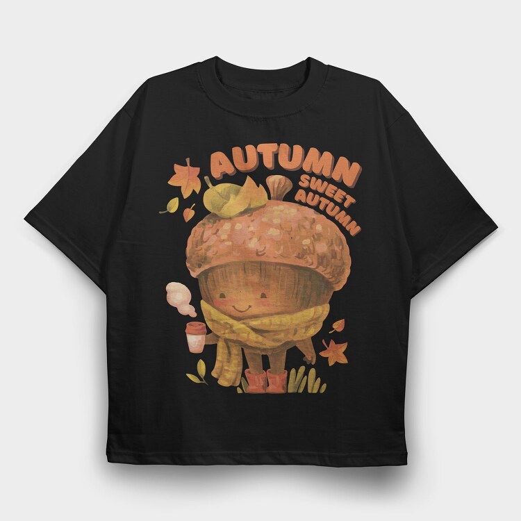 Sweet Autumn Acorn Cozy Coffee Character, Tricou Oversize Barbati (Unisex)