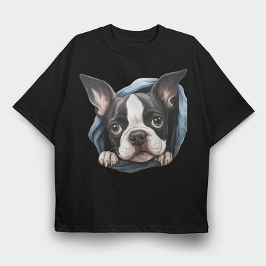 Boston Terrier Peeking, Tricou Oversize Barbati (Unisex)