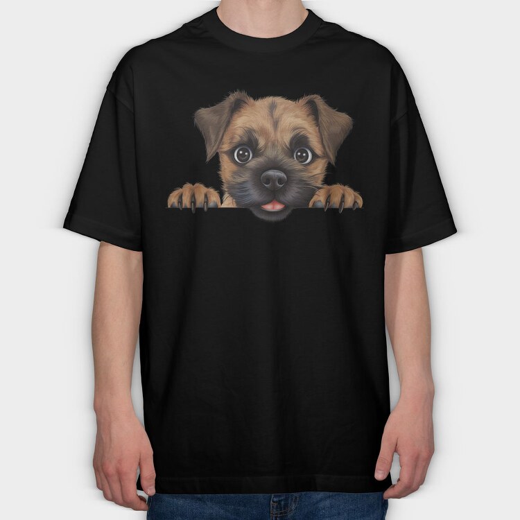 Border Terrier Peeking, Tricou Oversize Barbati (Unisex)