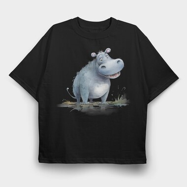 Hippo Smiling Face, Tricou Oversize Barbati (Unisex)