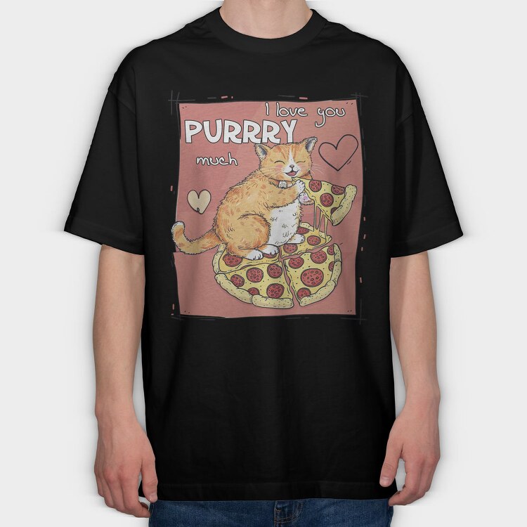 Cat Loves Pizza, Tricou Oversize Barbati (Unisex)