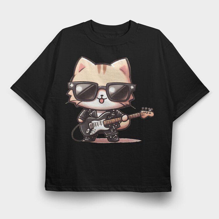 Cat Guitar Sunglasses, Tricou Oversize Barbati (Unisex)