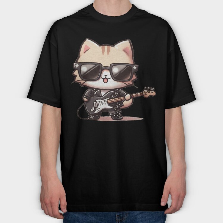 Cat Guitar Sunglasses, Tricou Oversize Barbati (Unisex)