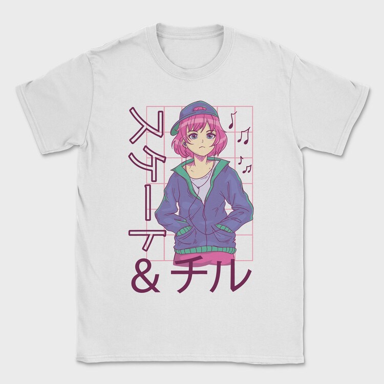 Anime Girl Listening Music Skate Chill, Tricou Barbati (Unisex)