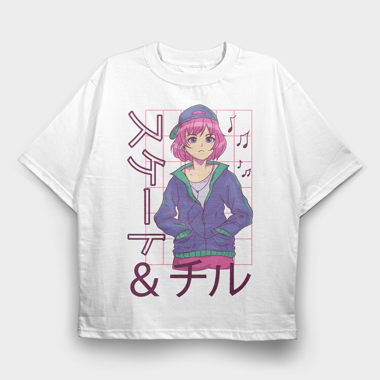 Anime Girl Listening Music Skate Chill, Tricou Oversize Barbati (Unisex)