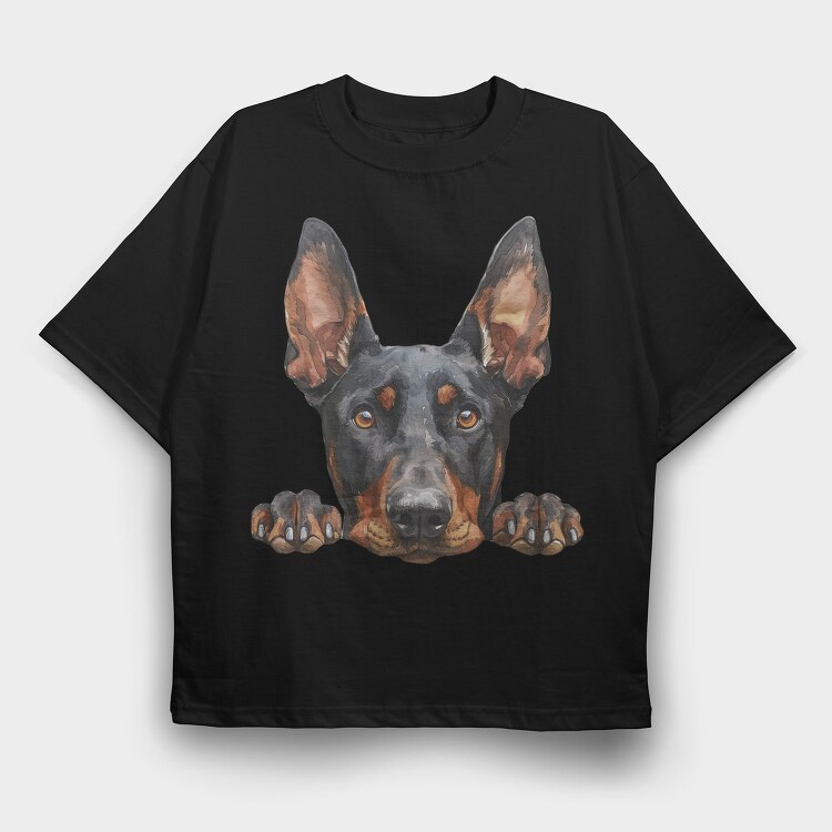 Doberman Peeking Face, Tricou Oversize Barbati (Unisex)