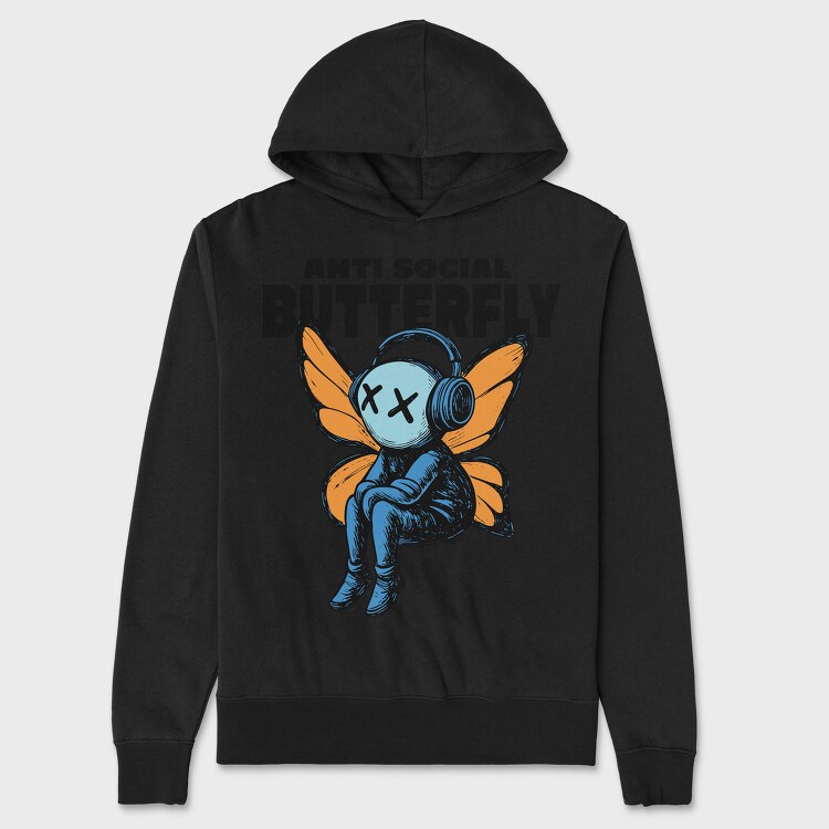 Anti Social Butterfly With Headphones, Hanorac Oversize Barbati (Unisex)