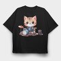 Kawaii Drummer Cat Sublimation, Tricou Oversize Barbati (Unisex)