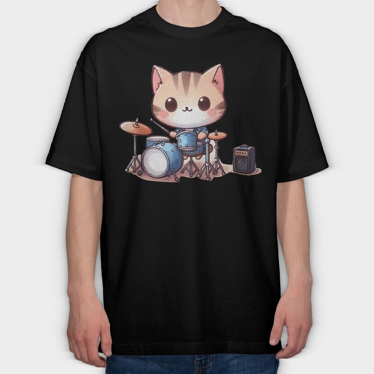Kawaii Drummer Cat Sublimation, Tricou Oversize Barbati (Unisex)