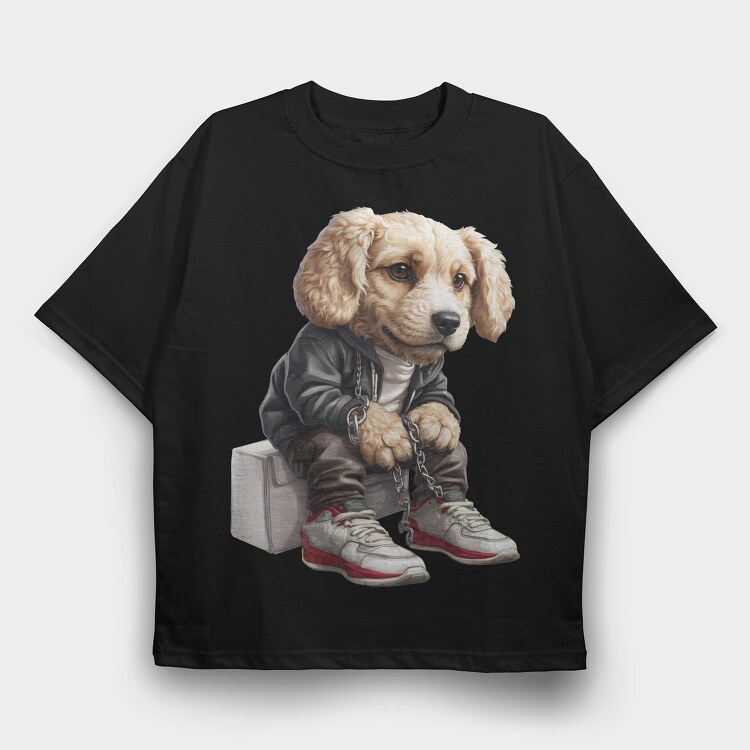 Dog Sitting Clotesh Chains, Tricou Oversize Barbati (Unisex)