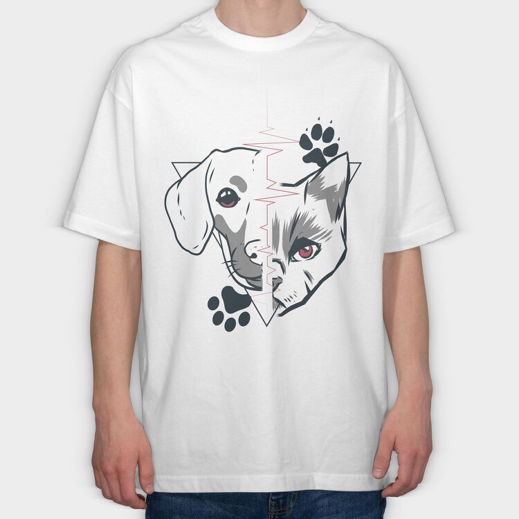 Dog and Cat Heartbeat, Tricou Oversize Barbati (Unisex)
