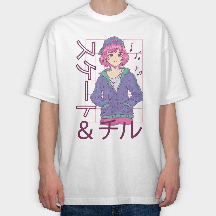 Anime Girl Listening Music Skate Chill, Tricou Oversize Barbati (Unisex)