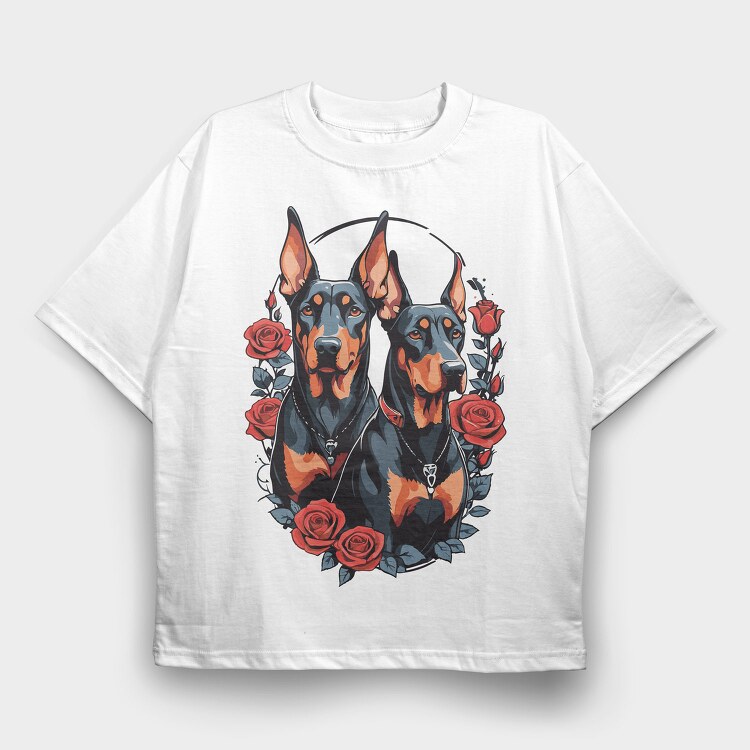 Doberman and Roses, Tricou Oversize Barbati (Unisex)
