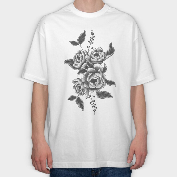 Peony Flower And Leaves Tattoo, Tricou Oversize Barbati (Unisex)