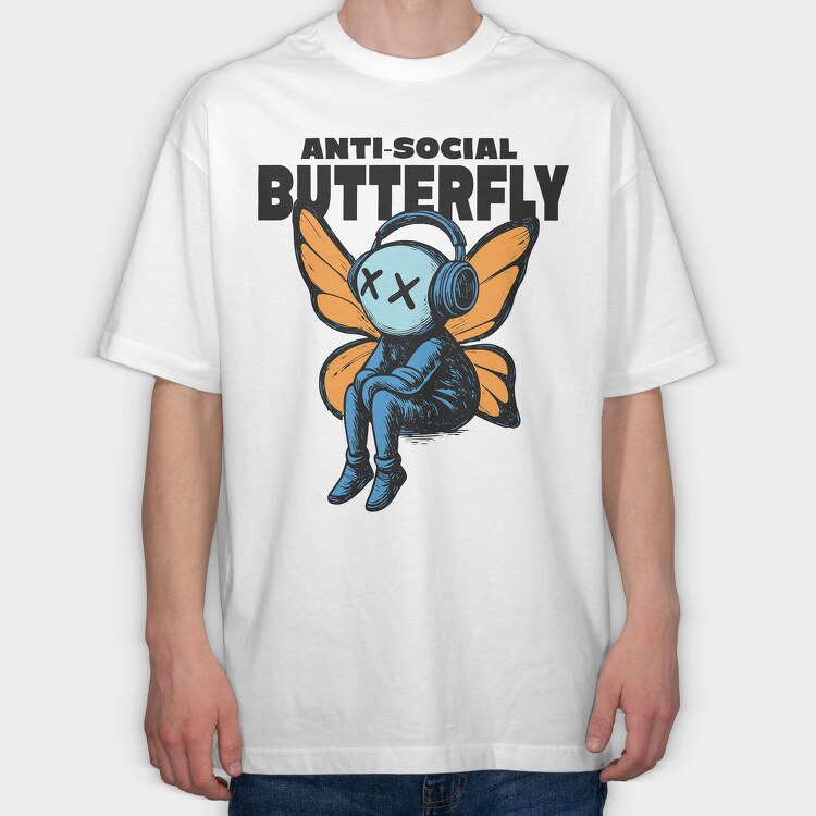 Anti Social Butterfly With Headphones, Tricou Oversize Barbati (Unisex)