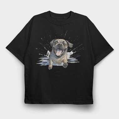 Pug Smiling In Water, Tricou Oversize Barbati (Unisex)