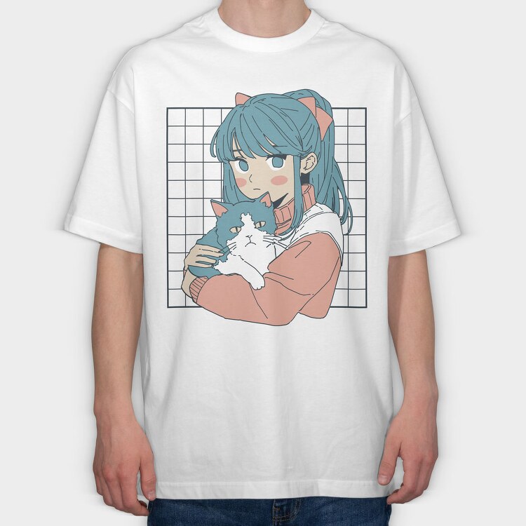 Anime Girl With Cat, Tricou Oversize Barbati (Unisex)