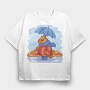 Autumn Squirrel Rainy Watercolor, Tricou Oversize Barbati (Unisex)