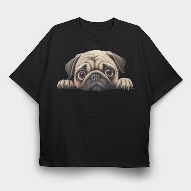 Pug Peeking, Tricou Oversize Barbati (Unisex)