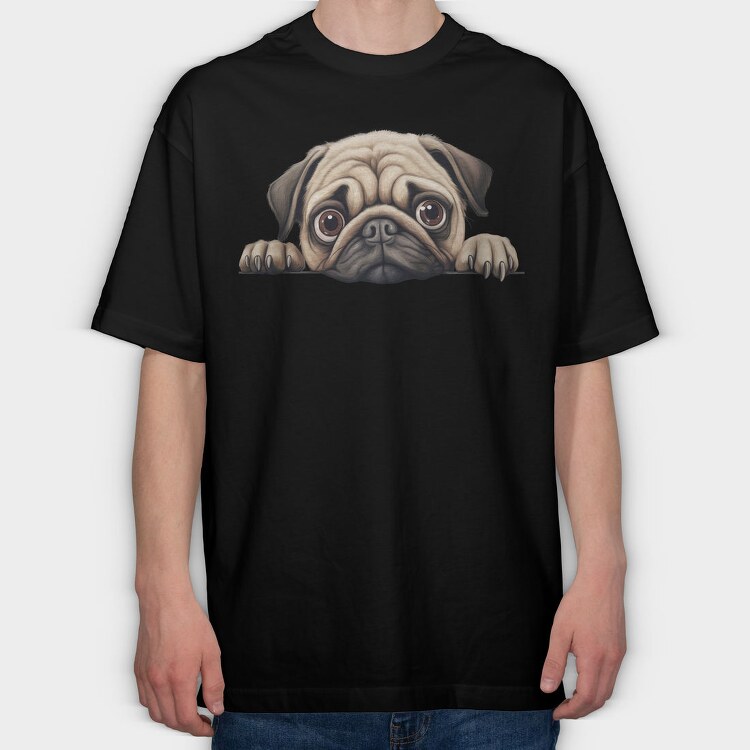 Pug Peeking, Tricou Oversize Barbati (Unisex)