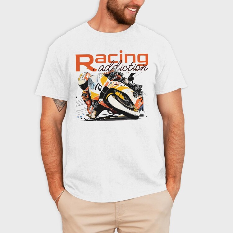 Tilted Competition Motorcycle With Rider Racing Addiction, Tricou Barbati (Unisex)