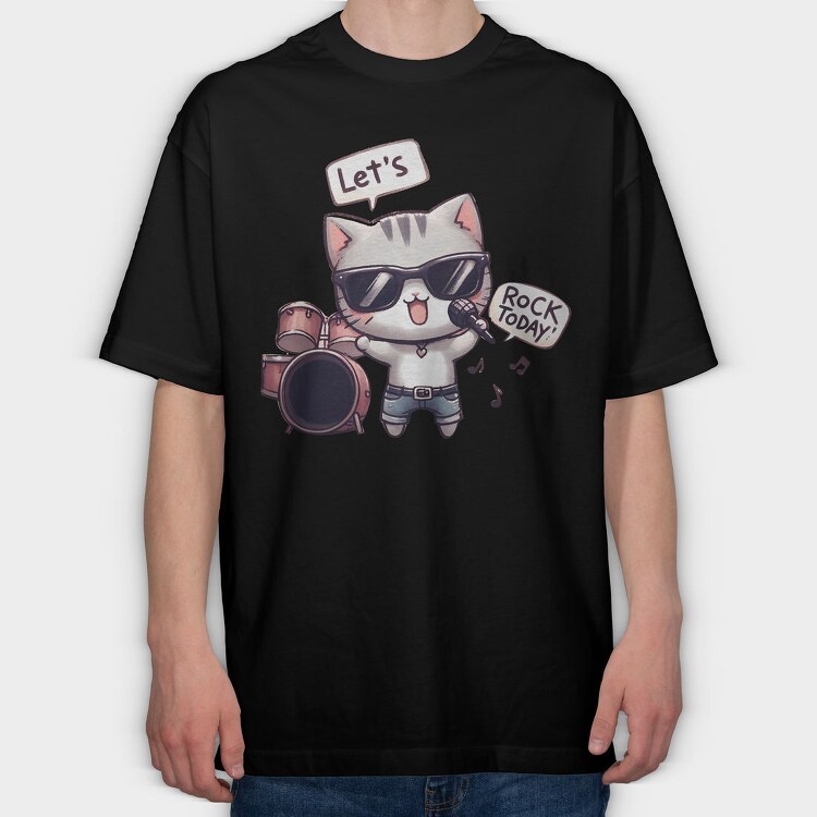 Rock Star Cat, Tricou Oversize Barbati (Unisex)