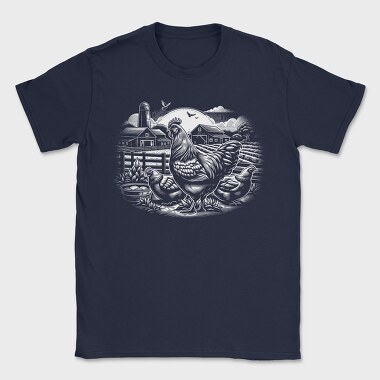 Monochrome Farm Chicken Illustration, Tricou Barbati (Unisex)
