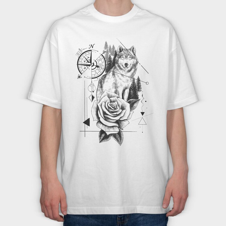 Compass Wolf, Tricou Oversize Barbati (Unisex)