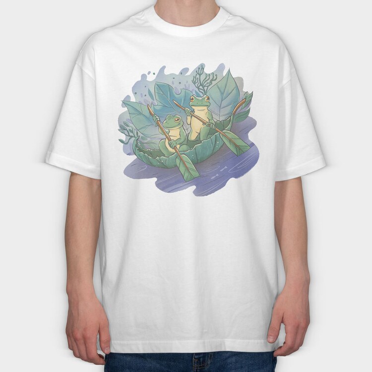 Cottagecore Frogs On Leaf Boat, Tricou Oversize Barbati (Unisex)