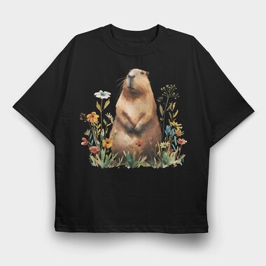 Watercolor Capybara Flowers, Tricou Oversize Barbati (Unisex)