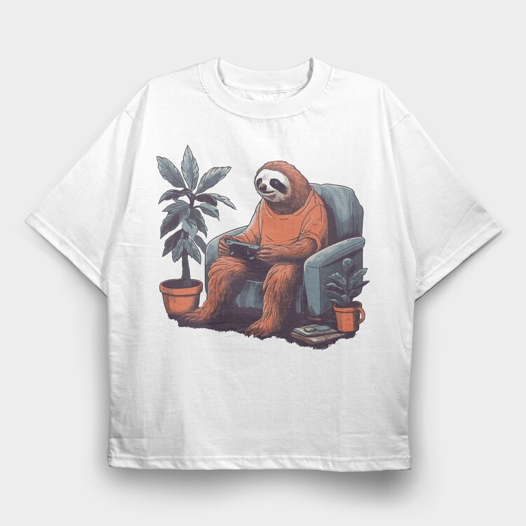 Chill Sloth Playing Video Games, Tricou Oversize Barbati (Unisex)