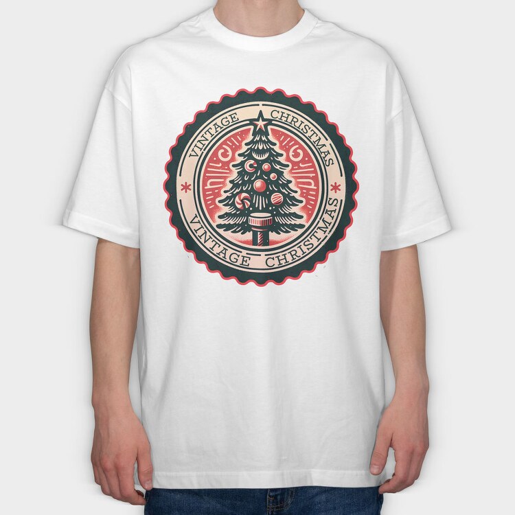 Vintage Christmas Tree Emblem, Tricou Oversize Barbati (Unisex)