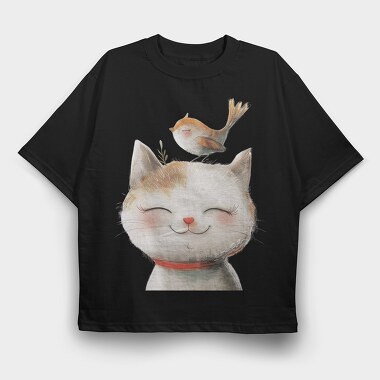 Watercolor Cat Bird, Tricou Oversize Barbati (Unisex)